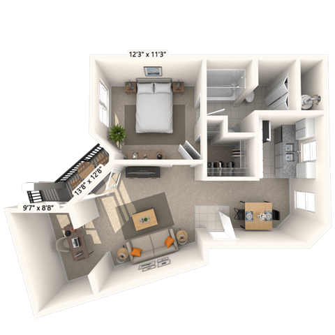 Floor plan for 1 bed, 1 bath, 667 sqft